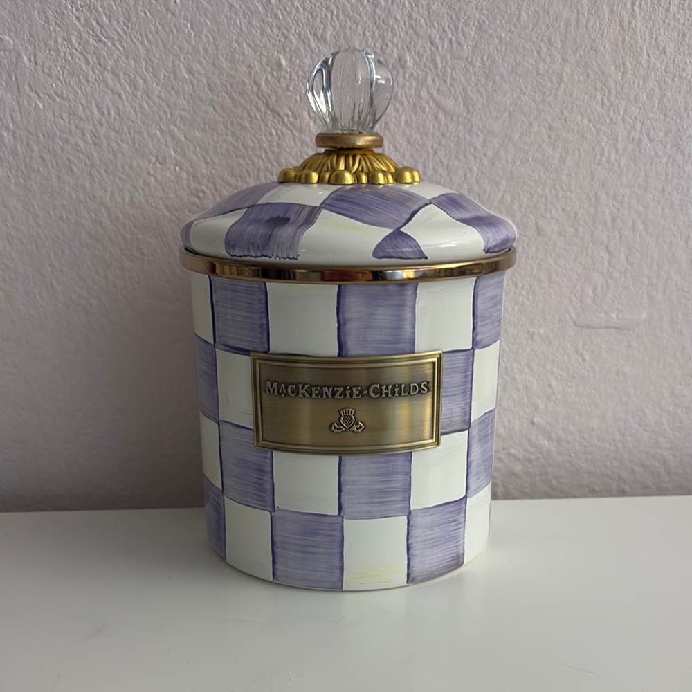 MacKenzie-Childs Lavender Check Canister with Glass Knob Lid